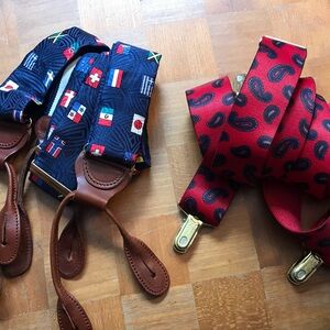 2 pair Suspenders 1 silk with leather navy blue & 1 red paisley stretchy